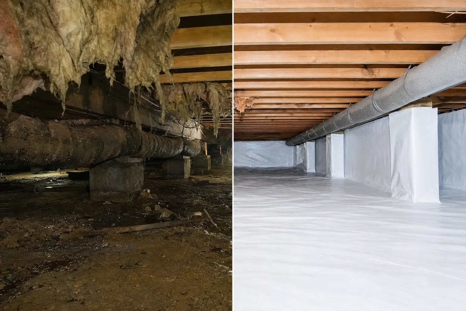 Before and after comparison of a Clarksville crawl space, from a damp dirt floor to a clean encapsulated space with vapor barrier