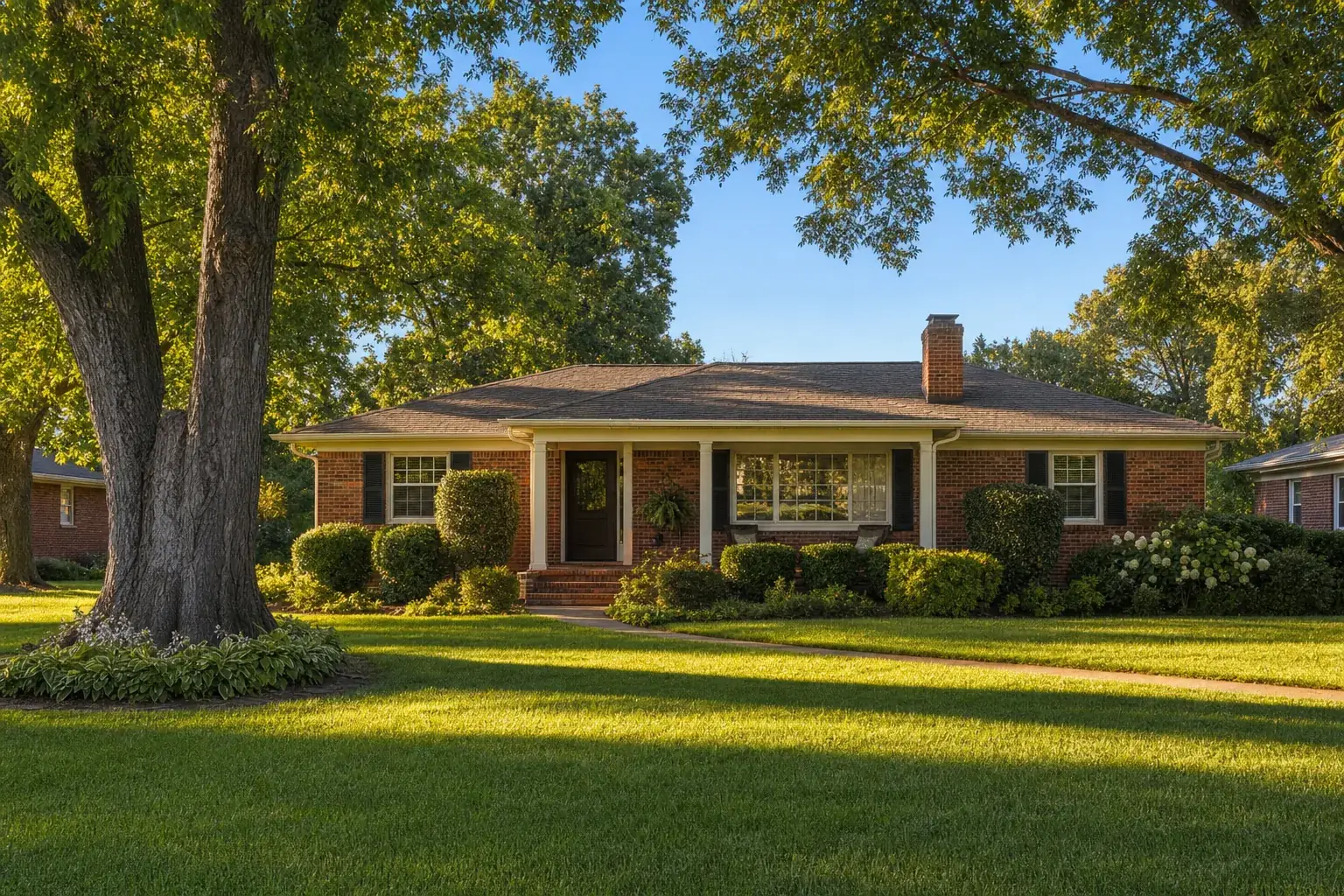 A brick ranch home in a Clarksville TN neighborhood with mature trees, typical of homes we protect